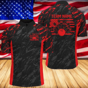 Black And Red Camo Custom Patriotic Bowling Shirts For Men, American Flag US Bowling League Shirt IPHW7913
