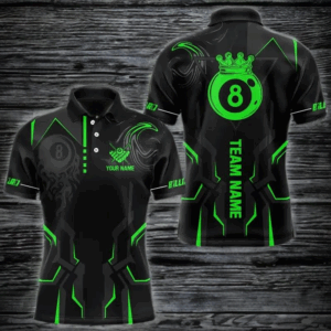 Customized 8 Ball Pool Crown Men Billiard Shirts, Green And Black Billiard Team Shirts Pool Jersey TDM3664