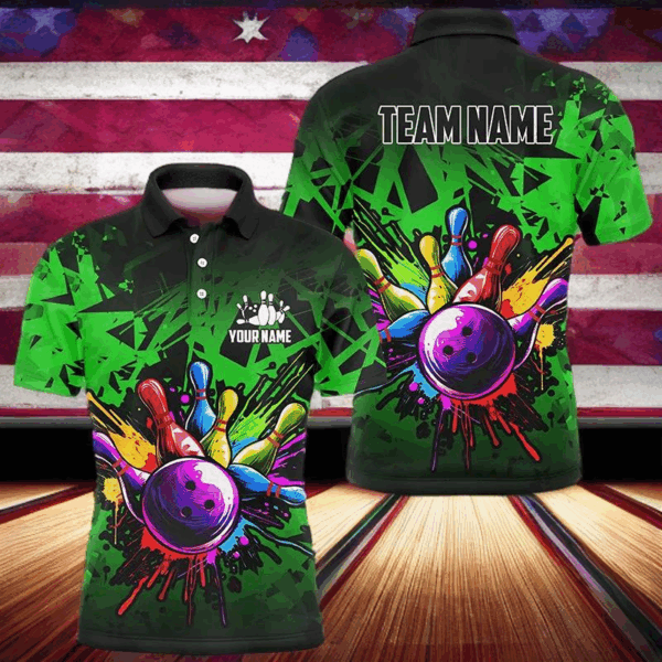 Colorful bowling jerseys Polo, 1/4 Zip Shirt for Men Custom Bowling Team shirts for bowler | Green NQS8881