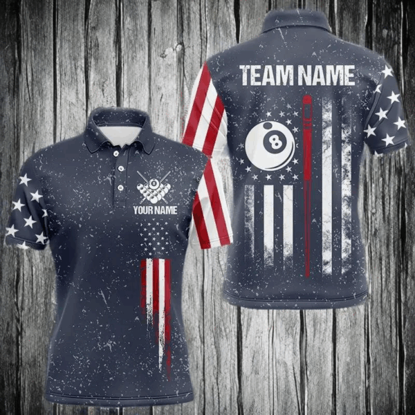 Grunge Navy American Flag 8 Ball Billiard Shirt For Men Custom Patriotic Billiard Shirt Pool Jersey TDM3663
