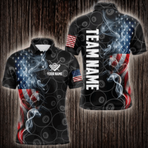 Personalized Smoke US Flag 8 Ball Pool Billiard Polo, 1/4 Zip For Men Team American Billiard Jersey TDM3662