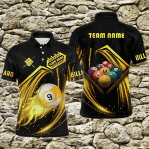 Personalized Yellow 9 Ball Billiard Polo Shirts For Men Custom 9 Ball Team Shirts, Billiard Apparel TDM0544