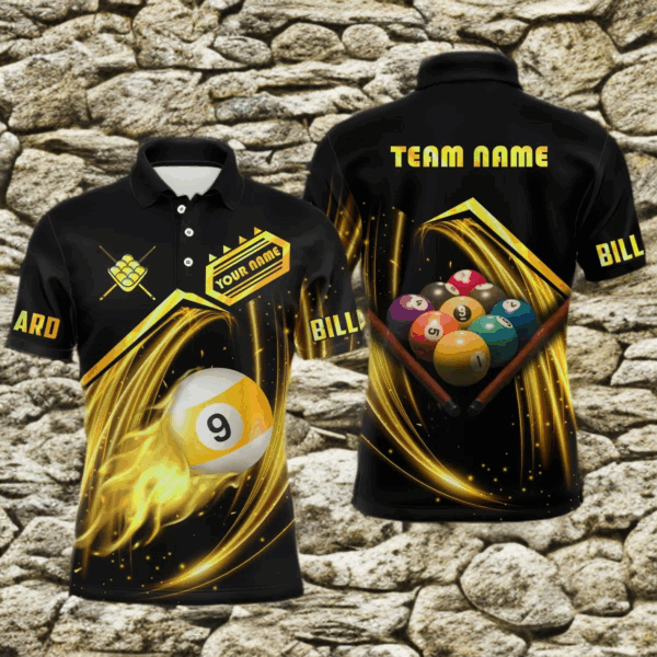 Personalized Yellow 9 Ball Billiard Polo Shirts For Men Custom 9 Ball Team Shirts, Billiard Apparel TDM0544