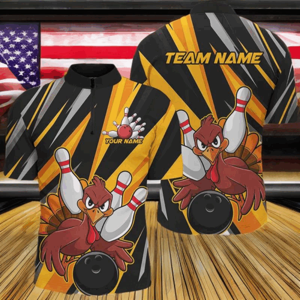 Custom Funny Turkey Bowling Shirts For Men, Yellow Thanksgiving Bowling Shirt Team Fall Outfits IPHW7661