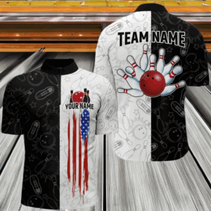 Black&White Bowling Shirt Men & Women Custom Patriotic Bowling Team Jersey Bowling 1/4 Zip BDT561