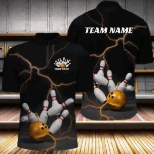 Black And Gold Thunder Lightning Custom Bowling Shirts For Men, Bowling Team Shirt Outfit IPHW7537