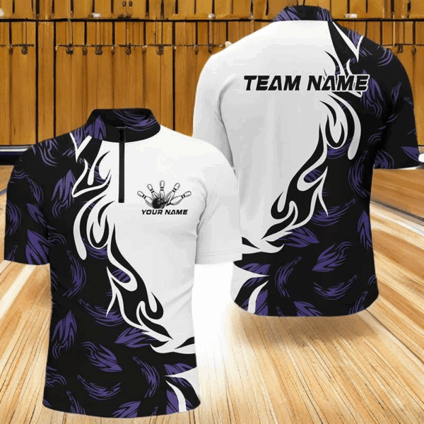 Black And Purple Custom Bowling Shirts For Men, Bowling Polo Bowling League Shirts IPHW7399