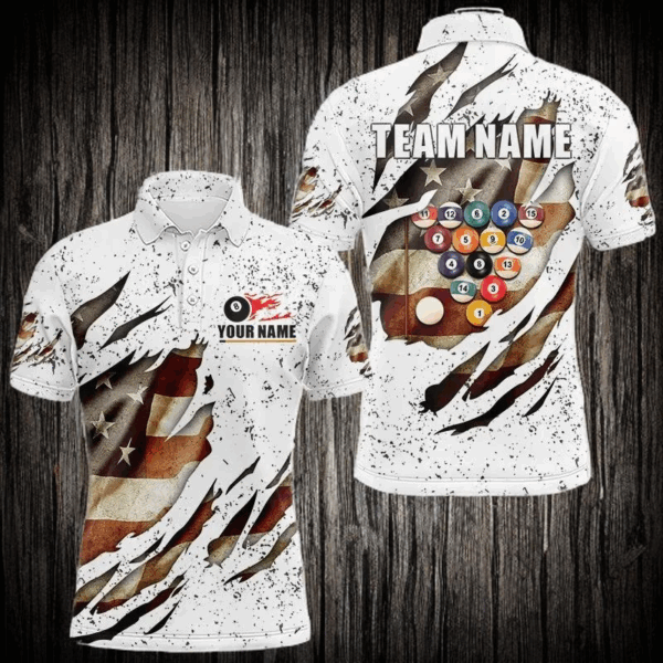 Billiard Ball Retro US Flag White Grunge Billiard Shirt For Men Custom 8 Ball Pool Billiard Jersey TDM3636