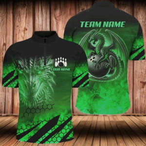 Black And Green Custom Dragon Flame Bowling Shirts For Men, Dragon Fire Bowling Team Shirts NQS8385