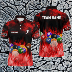 Personalized Billiard Balls Flame Billiard Red 3D Polo Shirts For Men, Custom 8 Ball Pool Jerseys VHM0348