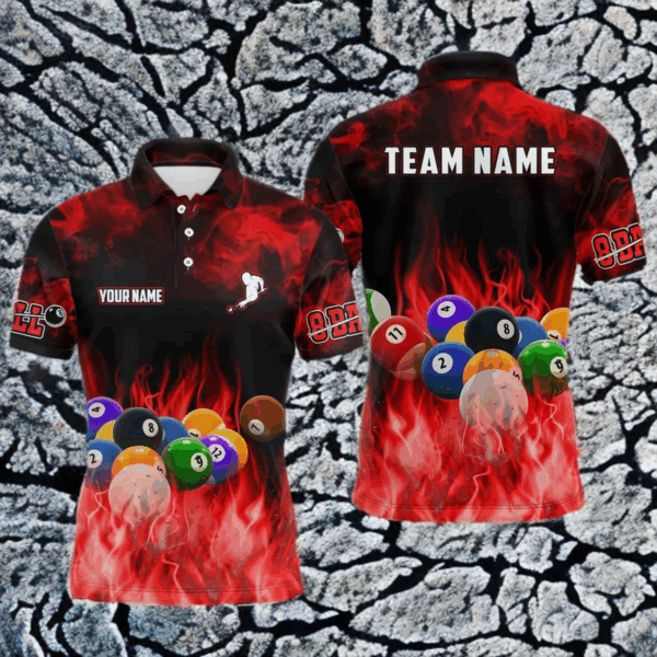 Personalized Billiard Balls Flame Billiard Red 3D Polo Shirts For Men, Custom 8 Ball Pool Jerseys VHM0348