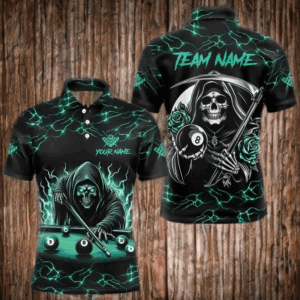Turquoise Funny Death Skeleton Roses 8 Ball Pool Men Billiard Shirts Custom Thunder Billiard Jersey TDM3630