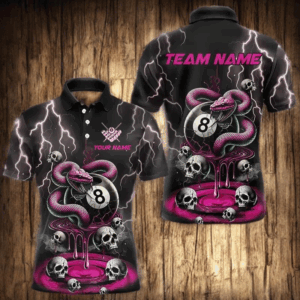 Pink And Black Thunder Lightning Skull Snake Billiard Shirts For Men Custom 8 Ball Billiard Jerseys TDM3627