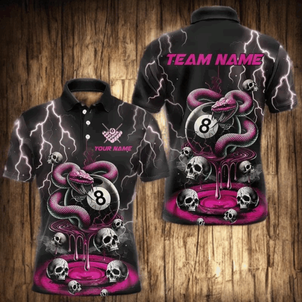 Pink And Black Thunder Lightning Skull Snake Billiard Shirts For Men Custom 8 Ball Billiard Jerseys TDM3627