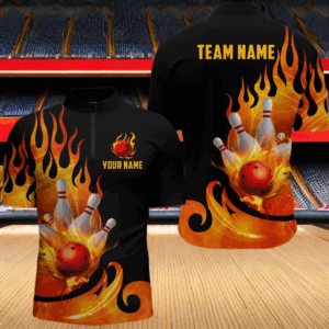 Custom Black & Orange Bowling Shirts For Men & Women Flame Bowling Team Jersey Quarter-Zip BDT536