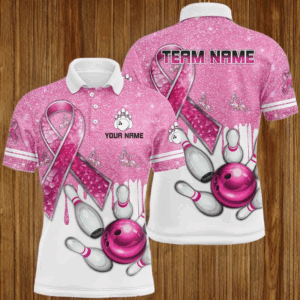 Pink ribbon glitter Bowling Shirts For Men Custom team bowling jerseys, breast cancer bowling shirts NQS8251