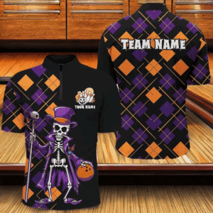 Custom Funny Halloween Skull Bowling Shirts For Men, Halloween Argyle Pattern Bowling Outfits IPHW7123