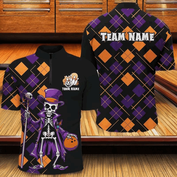 Custom Funny Halloween Skull Bowling Shirts For Men, Halloween Argyle Pattern Bowling Outfits IPHW7123