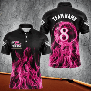 3D Pink Flaming 8 Ball Pool Men Billiard Polo & 1/4 Zip Shirt Custom Pool Player Billiard Jersey TDM3616