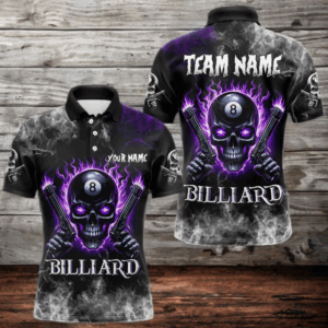 Personalized Purple 8 Ball Fire Flame Gun Skull Smoke Billiard Shirt For Men, Cool Billiard Jersey TDM3604