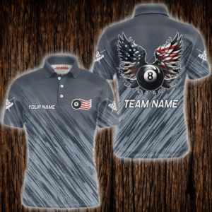 Personalized Funny 8 Ball Wings US Flag Grey Billiard Shirts For Men, Patriotic Billiard Jerseys TDM3603