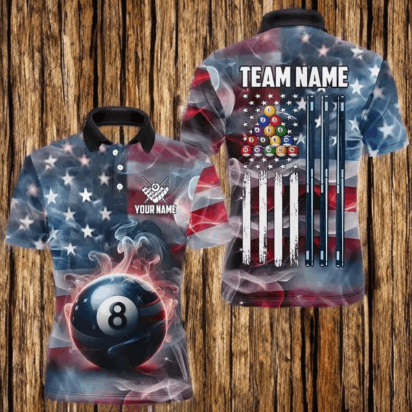Personalized Smoke USA 8 Ball Pool Billiard Shirts For Men, Patriotic American Team Billiard Jersey TDM3602