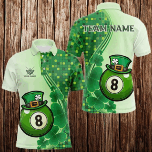 Personalized Saint Patrick Day 8 Ball Pool Billiard Shirts For Men, Green Shamrock Billiard Jerseys TDM3601