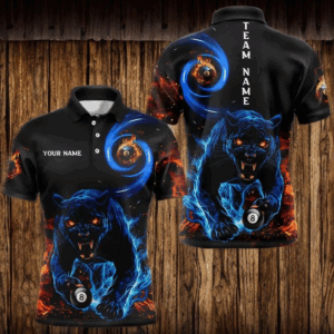 Personalized Orange And Blue Flaming 3D Panther Billiard Shirts For Men, Cool Team Billiard Jerseys TDM3600