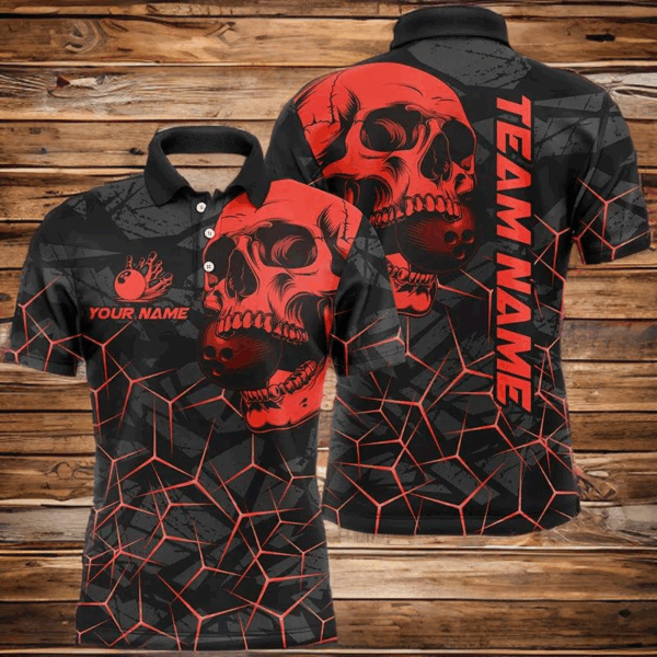 Black Skull camo bowling shirt for men custom bowling team jerseys, gifts for bowlers | Red NQS7716