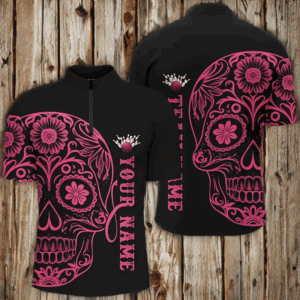 Pink Sugar Skull Tattoo Custom Unisex Team Bowling Polo Shirts, Halloween Team Bowling Jerseys IPHW6711