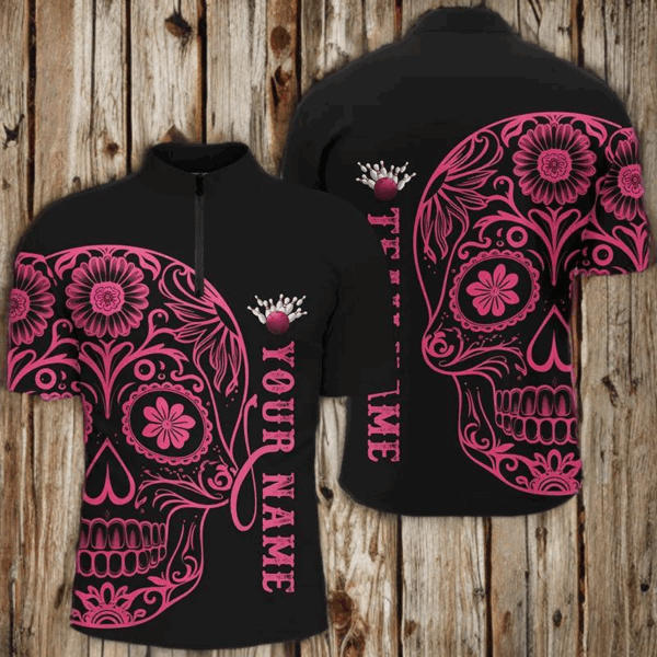 Pink Sugar Skull Tattoo Custom Unisex Team Bowling Polo Shirts, Halloween Team Bowling Jerseys IPHW6711