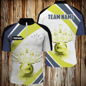 Lime green Light Bowling Quarter-Zip Shirt for Men Custom Bowling ball and pins Team League Jerseys NQS7534