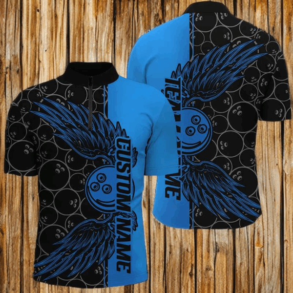 Black And Blue Custom Unisex Bowling Tournament Team Shirts, Bowling Ball And Wings Jerseys IPHW6447