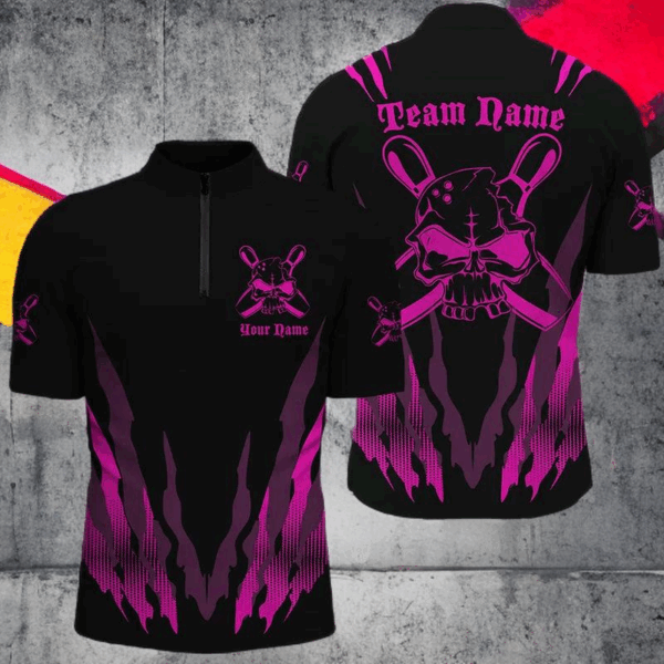 Custom Bowling Shirts For Men And Women, Skull Bowling Team Shirts Bowling Pin | Pink IPHW4485