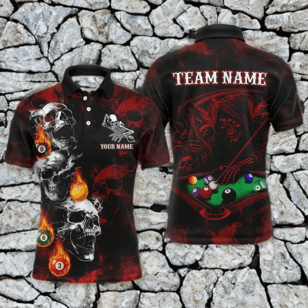 Personalized Red Smoke Skull Billiard Shirts For Men Custom Death Skeleton Billiard Jerseys TDM3364