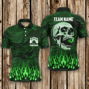 Mens bowling polo shirts Custom Green camo Flame Skull Bowling Team Jerseys, gift for Bowlers NQS7431