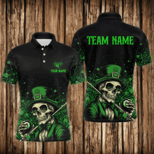 St Patrick Day Funny Skull Ball Billiards Shirt Men Polo & 1/4 Zip Shirts Billiard Team NNT23
