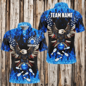 Blue flame Mens bowling polo shirts Custom American flag Eagle Team bowling shirts, gift for bowlers NQS7403
