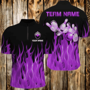 Personalized Men Quarter Zip Bowling Shirt purple Flame Bowling Ball Pins bowling jerseys for Bowler NQS7302