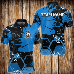 Personalized Black Blue 8 Ball Crown Hexagon Billiard Shirts For Men, Pool Billiard Team Jerseys TDM3589