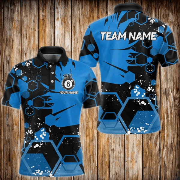 Personalized Black Blue 8 Ball Crown Hexagon Billiard Shirts For Men, Pool Billiard Team Jerseys TDM3589