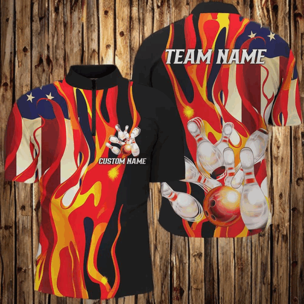 Flame American Flag Custom Bowling Team Shirts For Men And Women, Patriotic Bowling Jerseys IPHW5983