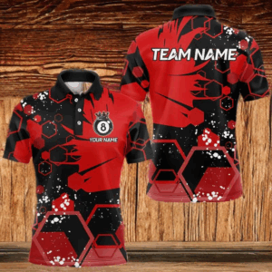 Personalized Black Red 8 Ball Crown Hexagon Billiard Shirts For Men, Pool Billiard Team Jerseys TDM3588