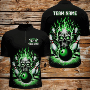 Personalized Skull Bowling Shirt For Men Custom Team'S Name Flame Bowler Jerseys | Green IPHW5820