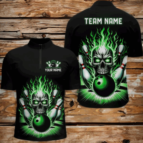 Personalized Skull Bowling Shirt For Men Custom Team'S Name Flame Bowler Jerseys | Green IPHW5820