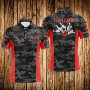 Mens Bowling polo shirts Custom gray camo Bowling Team Jersey, Bowling Team League Shirt | Red NQS7094