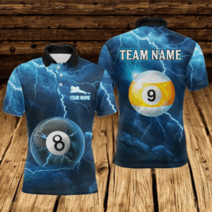 Blue Thunder 8 & 9 Ball Billiards Shirt Men Team Polo & 1/4 Zip Shirts Billiard Jersey NNT17