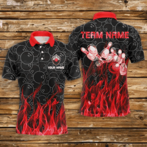 Personalized Men polo Bowling Shirt Red Flame Bowling Ball and Pins camo bowling jersey for men Bowler NQS6739