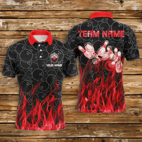 Personalized Men polo Bowling Shirt Red Flame Bowling Ball and Pins camo bowling jersey for men Bowler NQS6739