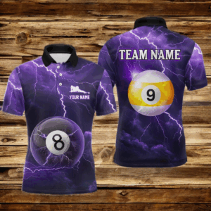 Purple Thunder 8 & 9 Ball Billiards Shirt Men Team Polo & 1/4 Zip Shirts Billiard Jersey NNT17